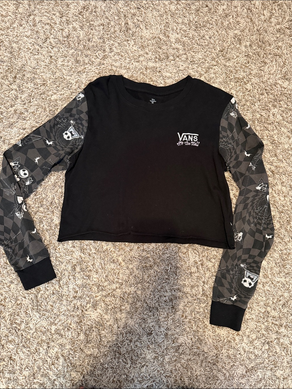 Vans Black Cropped Sweatshirt with Gray Checkered Skull Sleeves